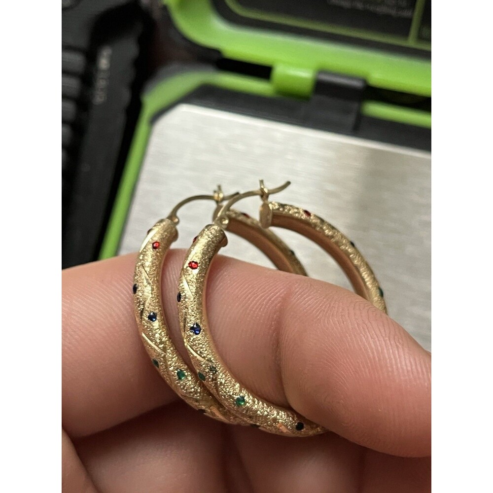 14K YELLOW GOLD MULTI-COLOR DROP  EARRINGS RED GREEN BLUE  HOOP LOOP 6.2G GRAM